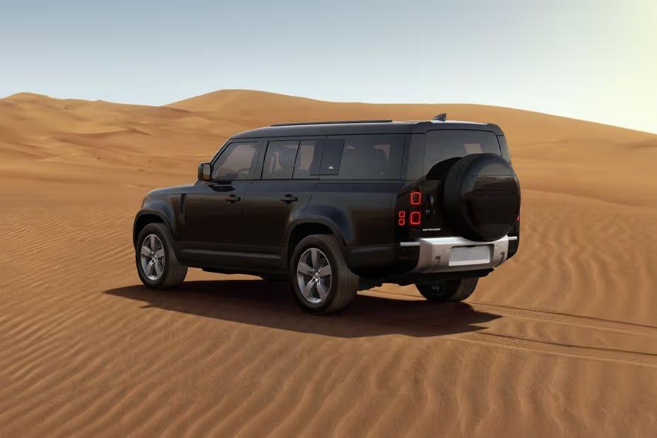 Land Rover DEFENDER 130 2026 Rear left side angle view showing taillights, tailgate and alloy wheels Land Rover DEFENDER 130 2026 Rear left side angle view showing taillights, tailgate and alloy wheels