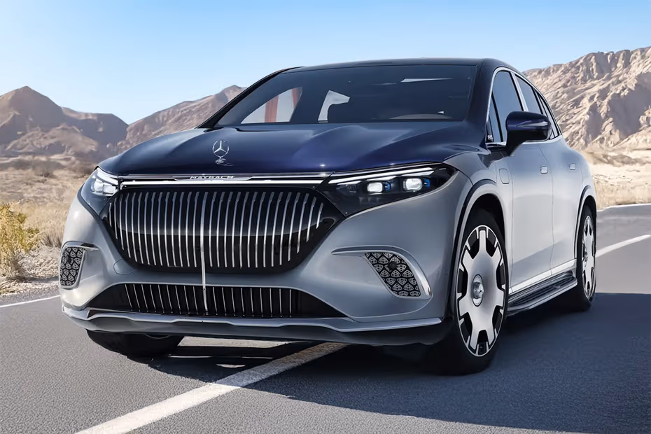Mercedes-Benz Maybach EQS 2026 front left side angle view showing headlights Mercedes-Benz Maybach EQS 2026 front left side angle view showing headlights