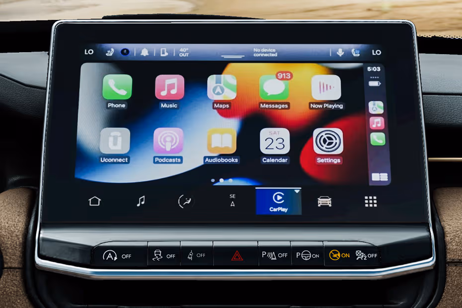 Jeep Commander 2026 vehicle settings menu options illuminated on central dashboard touchscreen display Jeep Commander 2026 vehicle settings menu options illuminated on central dashboard touchscreen display