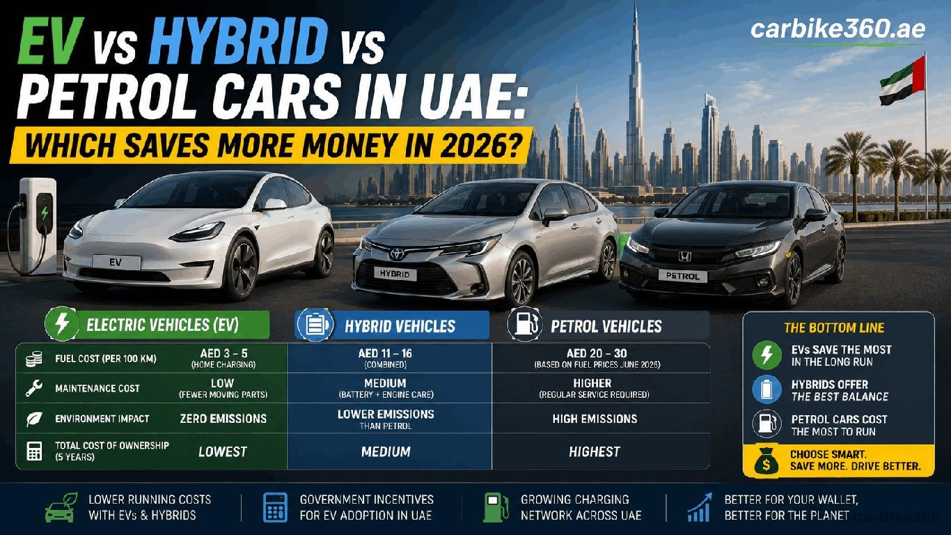 EV vs Hybrid vs Petrol Cars in UAE: Which Saves More Money in 2026? EV vs Hybrid vs Petrol Cars in UAE: Which Saves More Money in 2026?