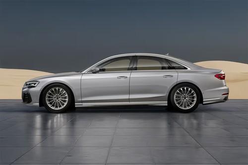 Audi A8 2026 Florett Silver Metallic Sedan left side profile with alloy wheels Audi A8 2026 Florett Silver Metallic Sedan left side profile with alloy wheels