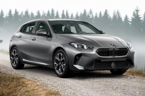BMW 1 Series 2024 Forzen Pure Gray SUV left side angle view showing the front bumper BMW 1 Series 2024 Forzen Pure Gray SUV left side angle view showing the front bumper