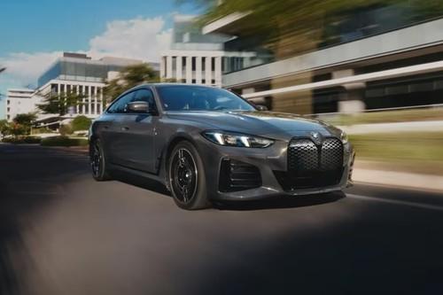 BMW i4 Grey Sedan front right side angle view BMW i4 Grey Sedan front right side angle view