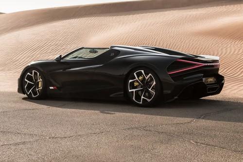 Bugatti Mistral Black Sportscar Rear Left side angle view showing taillights, tailgate and alloy wheels Bugatti Mistral Black Sportscar Rear Left side angle view showing taillights, tailgate and alloy wheels