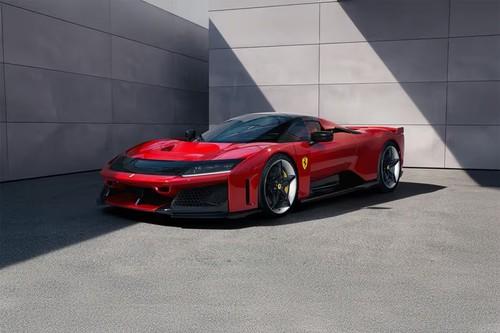 Ferrari F 80 Rosso Scuderia Coupe front right side angle view on city street Ferrari F 80 Rosso Scuderia Coupe front right side angle view on city street