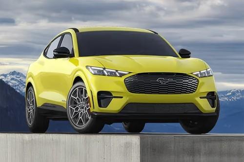Ford Mustang Mach E 2026 Grabber Yellow SUV Front View with LED Headlights Ford Mustang Mach E 2026 Grabber Yellow SUV Front View with LED Headlights