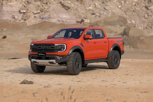 Ford Ranger Raptor 2025 Pickup Truck Front Right Side Angle View on City Street Ford Ranger Raptor 2025 Pickup Truck Front Right Side Angle View on City Street