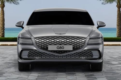 Genesis EV G 80 Uyuni White Sedan front view with LED Headlights Genesis EV G 80 Uyuni White Sedan front view with LED Headlights