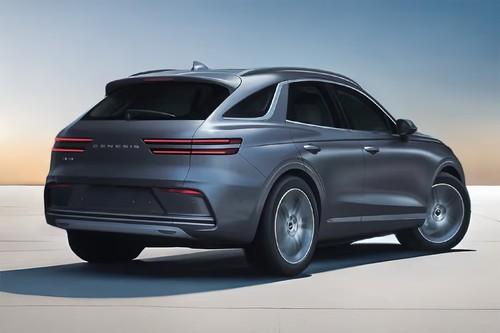 Genesis EV GV 70 Capri Blue SUV rear right side angle view showing taillights, tailgate and alloy wheels Genesis EV GV 70 Capri Blue SUV rear right side angle view showing taillights, tailgate and alloy wheels