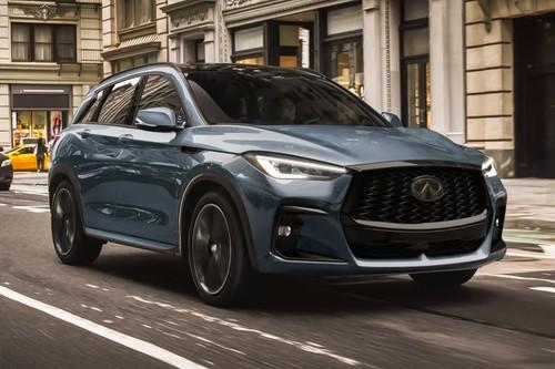 Infiniti QX50 2026 SUV front left side angle view on city street Infiniti QX50 2026 SUV front left side angle view on city street