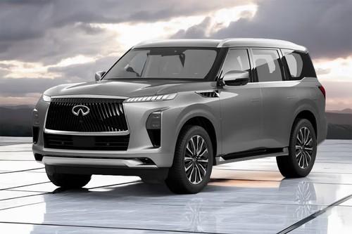 Infiniti QX80 2026 SUV front right side angle view on city street Infiniti QX80 2026 SUV front right side angle view on city street