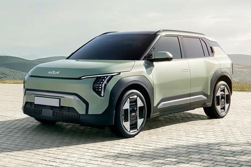 Kia EV3 2026 SUV Front Right Side Angle View on City Street Kia EV3 2026 SUV Front Right Side Angle View on City Street