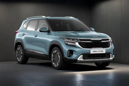 Kia Seltos 2025 SUV Front left side angle view showing alloy wheels Kia Seltos 2025 SUV Front left side angle view showing alloy wheels