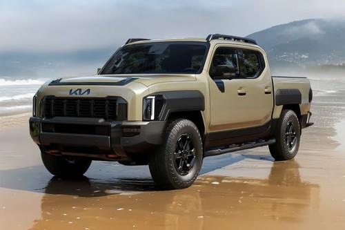 Kia Tasman Pickup Tan Front Right Side Angle View on City Street Kia Tasman Pickup Tan Front Right Side Angle View on City Street
