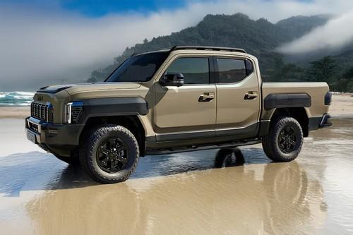 Kia Tasman Pickup Tan Front Left Side Angle View Kia Tasman Pickup Tan Front Left Side Angle View