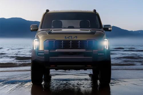 Kia Tasman Pickup Tan Front View with LED Headlights Kia Tasman Pickup Tan Front View with LED Headlights