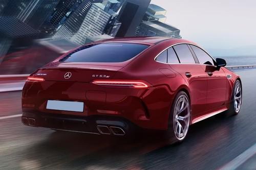 Mercedes-Benz AMG GT 4 Door Coupe 2026 Rear Left side angle view showing taillights, tailgate and alloy wheels Mercedes-Benz AMG GT 4 Door Coupe 2026 Rear Left side angle view showing taillights, tailgate and alloy wheels