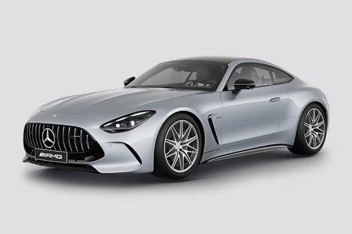 Mercedes-Benz AMG GT Coupe 2026 high-tech silver front right side angle view on city street Mercedes-Benz AMG GT Coupe 2026 high-tech silver front right side angle view on city street