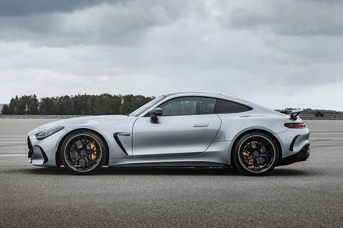 Mercedes-Benz AMG GT Coupe 2026 high-tech silver left side profile with alloy wheels Mercedes-Benz AMG GT Coupe 2026 high-tech silver left side profile with alloy wheels