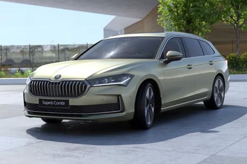 Skoda Superb Combi 2025 Front Left Side Angle View on City Street Skoda Superb Combi 2025 Front Left Side Angle View on City Street